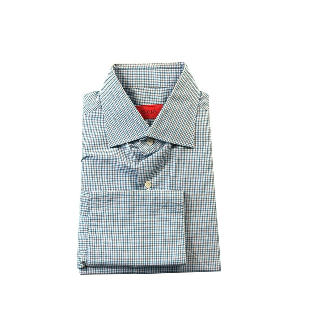 Isaia Napoli Blue White Checked Spread Collar Cotton French Cuff Shirt 16/41